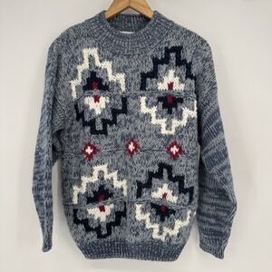 Vintage Chunky Knit Sweater Women's Medium Blue Geometric‎ Aztec Pullover